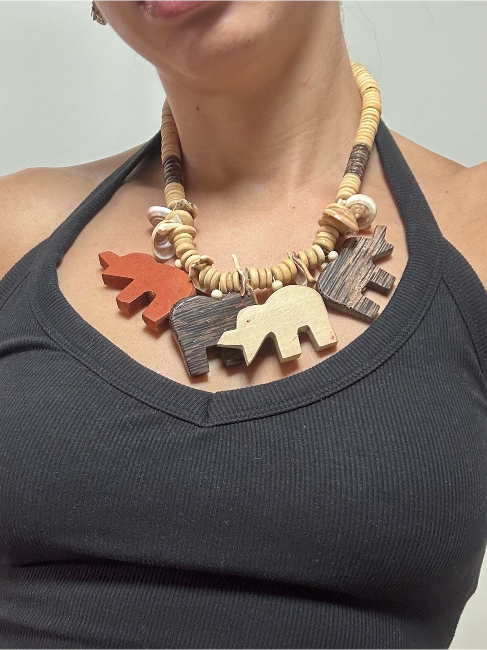 Vintage Handcrafted Wooden Elephant Pendant Necklace Statement in Brown, 18"